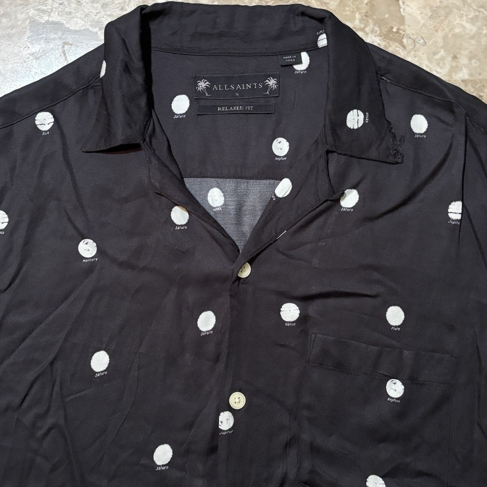 All Saints Hawaiian Shirt Mens Small Relaxed Fit Black Short Sleeve Loop Collar